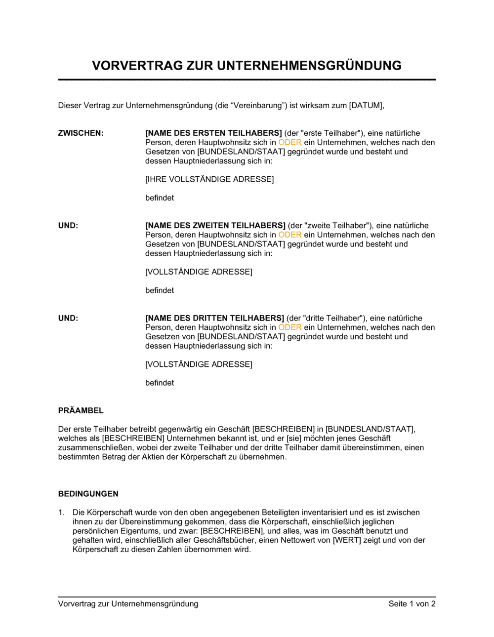 Business-in-a-Box's Vorvertrag zur Unternehmensgründung