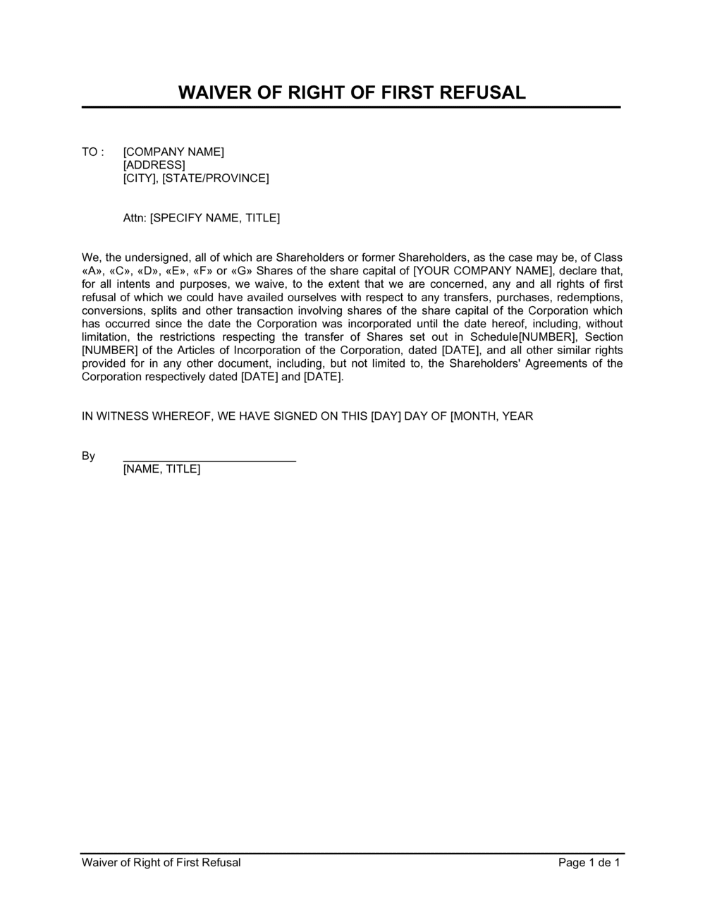 Waiver Of Right Of First Refusal Template By Business in a Box 