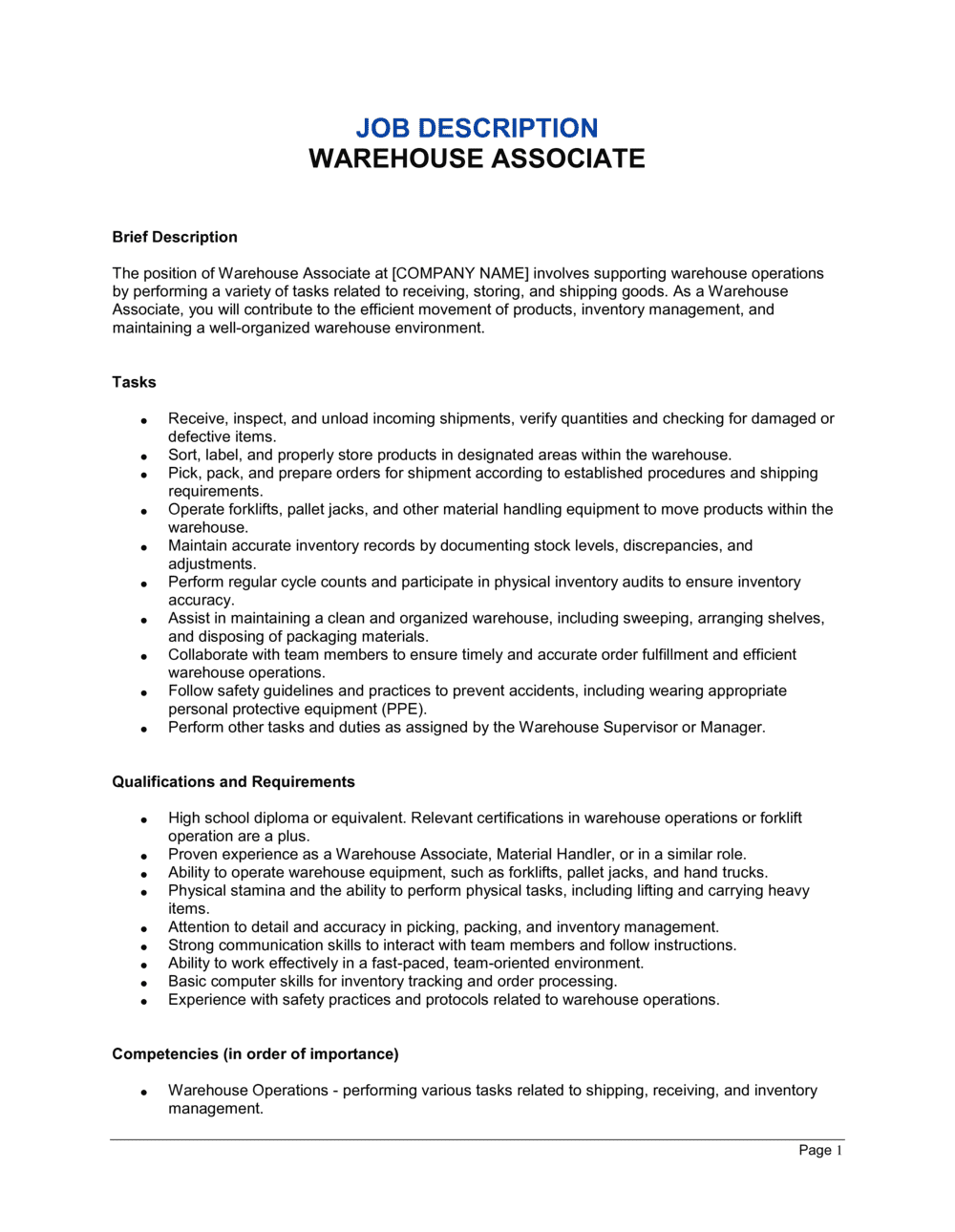 Business-in-a-Box's Warehouse Associate Job Description Template