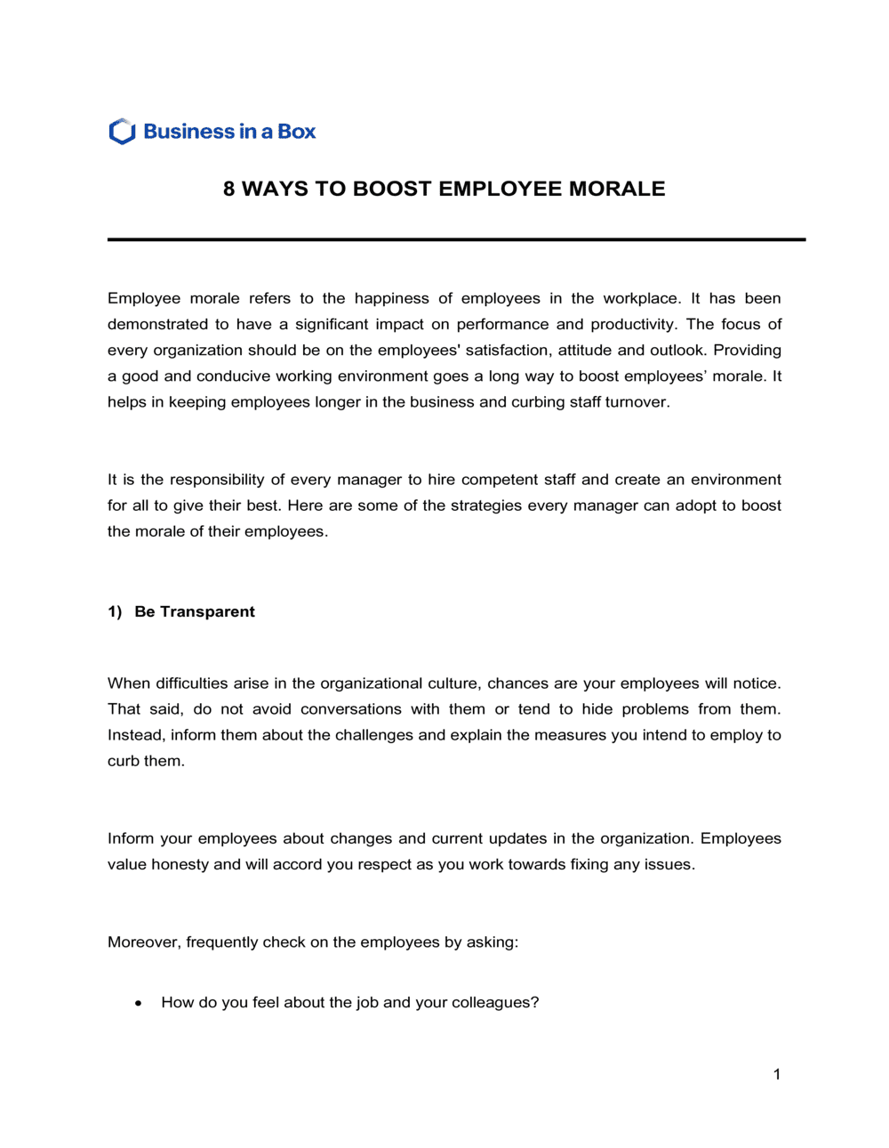 Business-in-a-Box's Ways To Boost Employee Morale Template