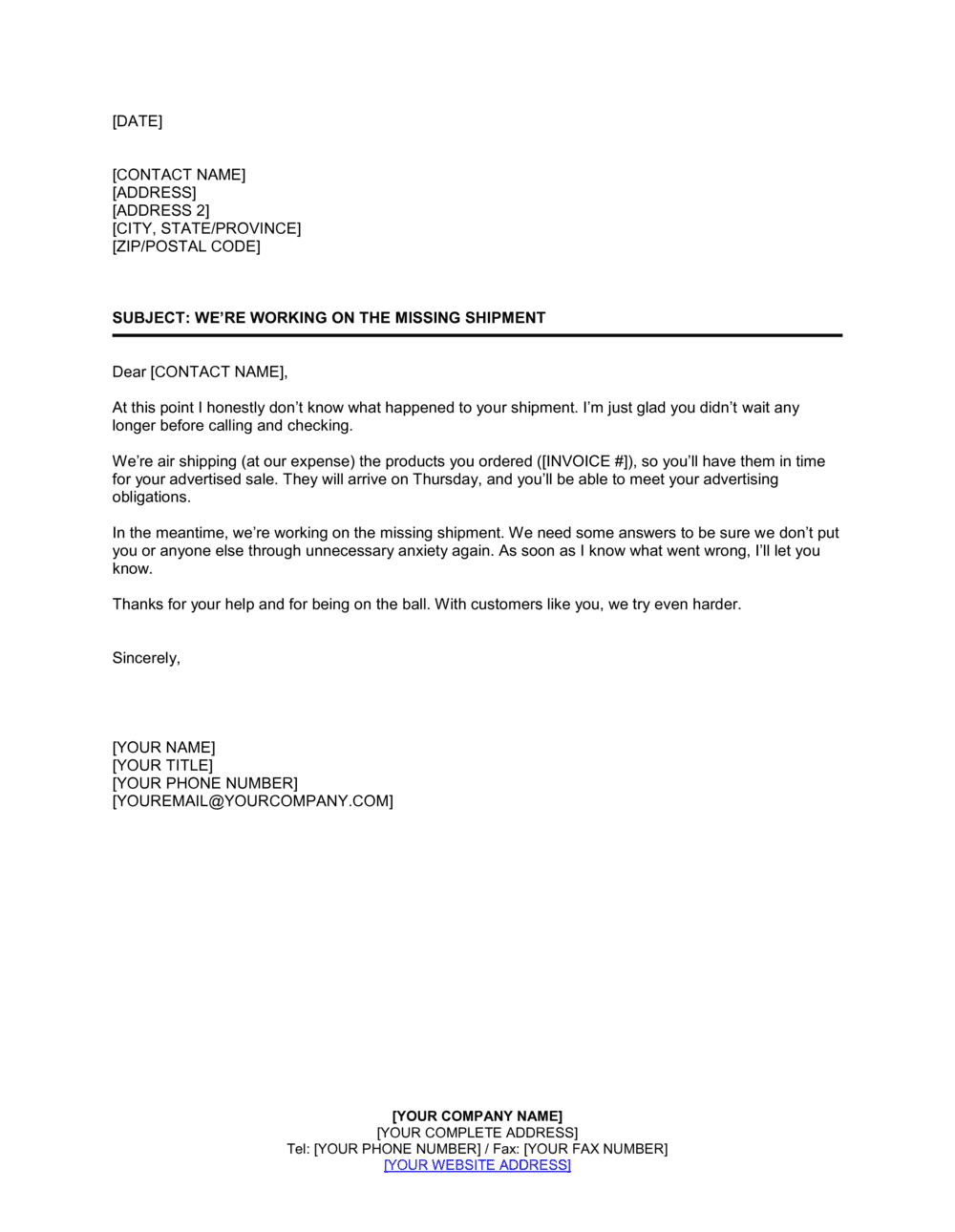 Business-in-a-Box's We're Working on the Missing Shipment Template