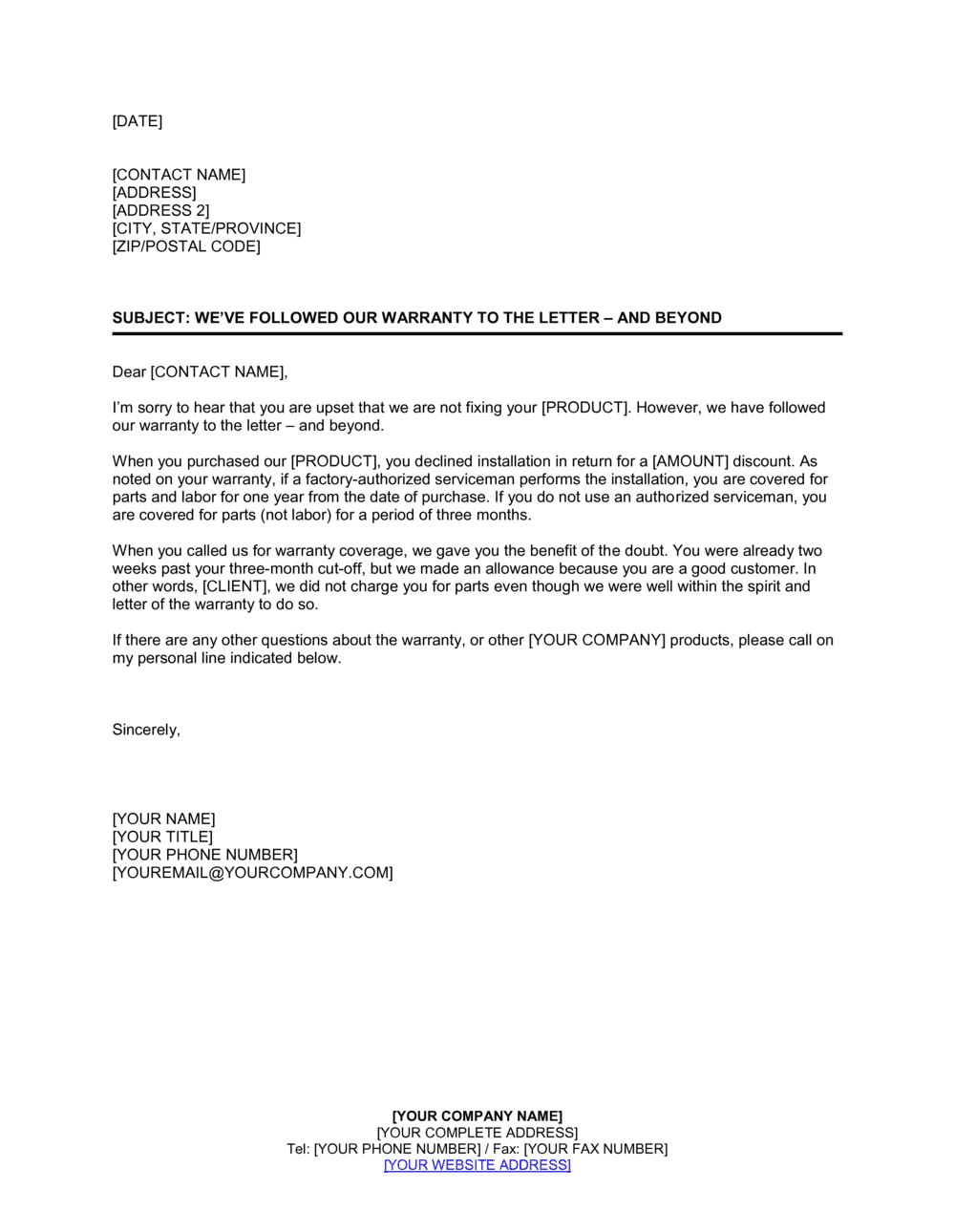 Business-in-a-Box's We've Followed the Warranty to the Letter - and Beyond Template