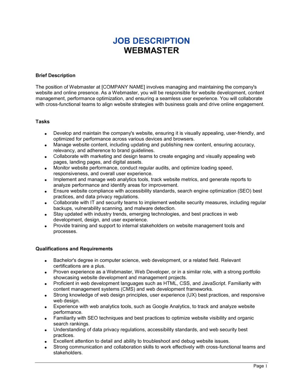 Business-in-a-Box's Webmaster Job Description Template