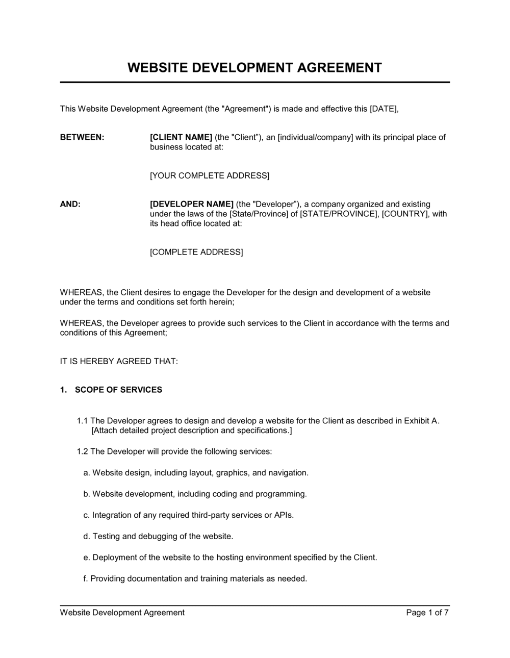 Website development agreement template