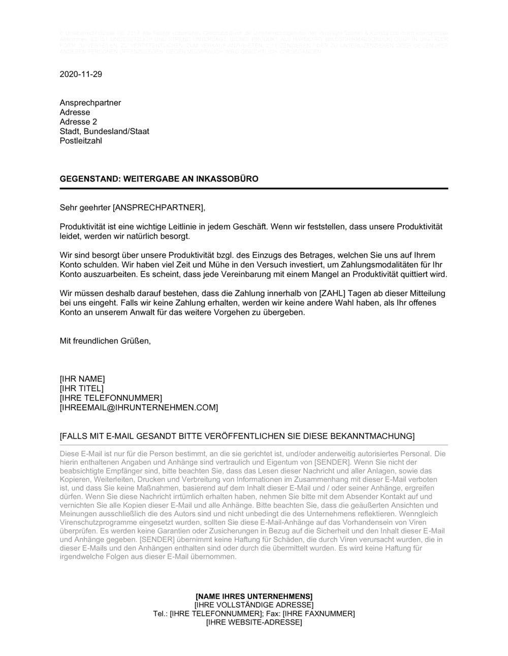 Business-in-a-Box's Weitergabe an Inkassobüro