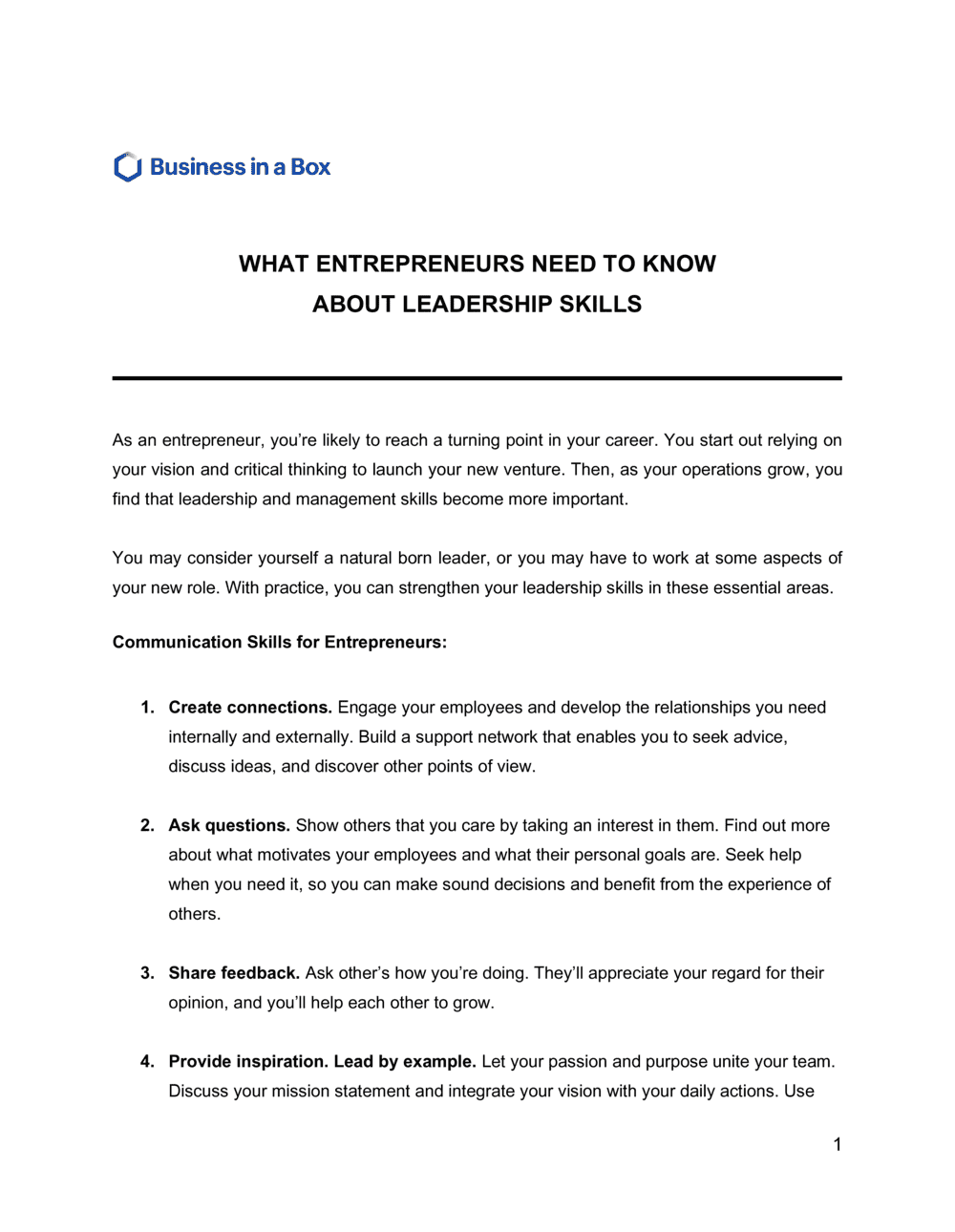 Business-in-a-Box's What Entrepreneurs Need To Know About Leadership Skills Template