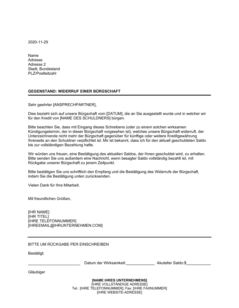 Business-in-a-Box's Widerruf einer Bürgschaft