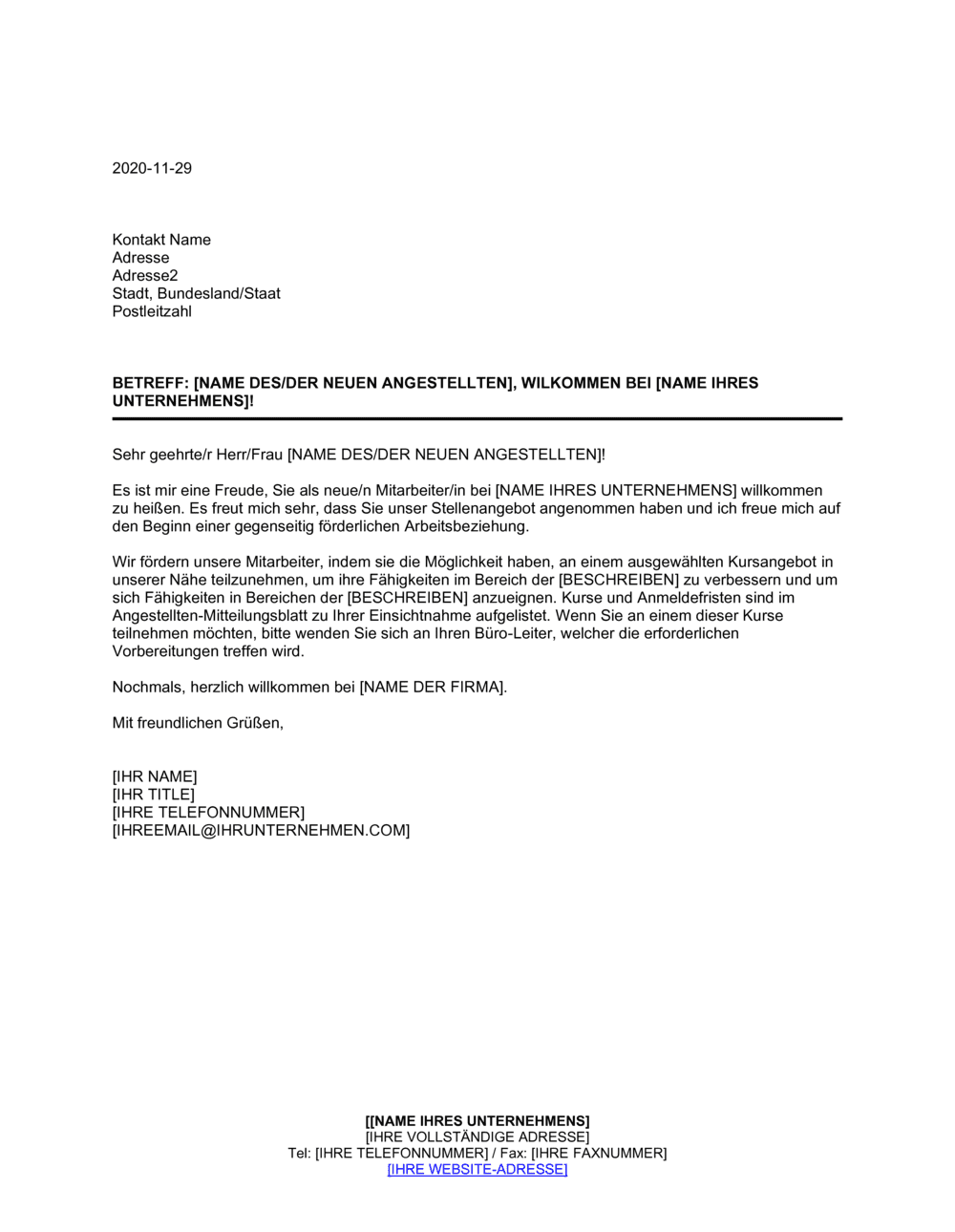 Business-in-a-Box's Willkommensbrief an Neue Mitarbeiter