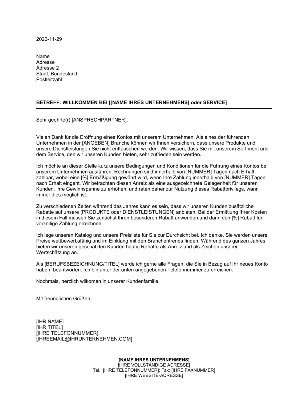 Business-in-a-Box's Willkommensbrief für neues Kundenkonto und Bekanntgabe der Bedingungen