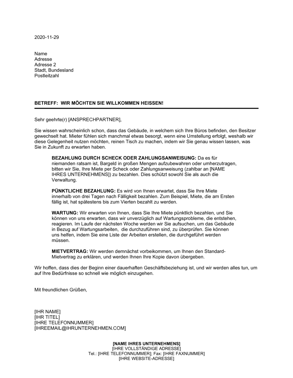 Business-in-a-Box's Willkommensbrief von neuem Vermieter