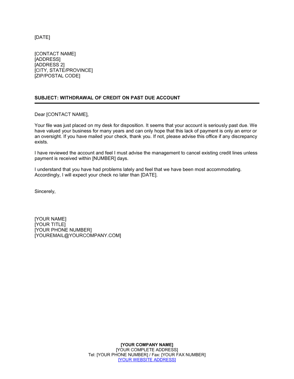 Business-in-a-Box's Withdrawal of Credit on Past Due Account Template
