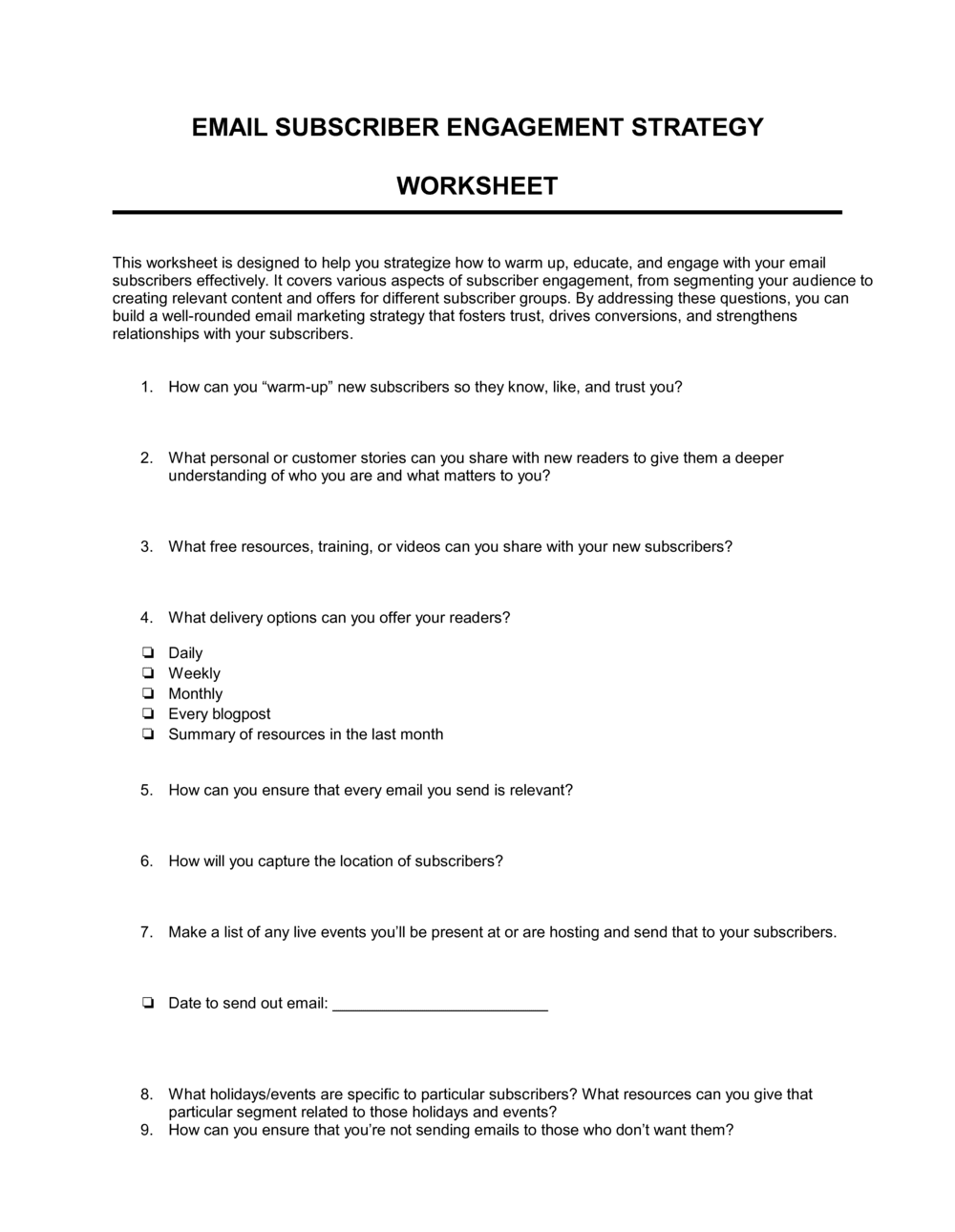 Business-in-a-Box's Worksheet Email Subscriber Engagement Strategy Template