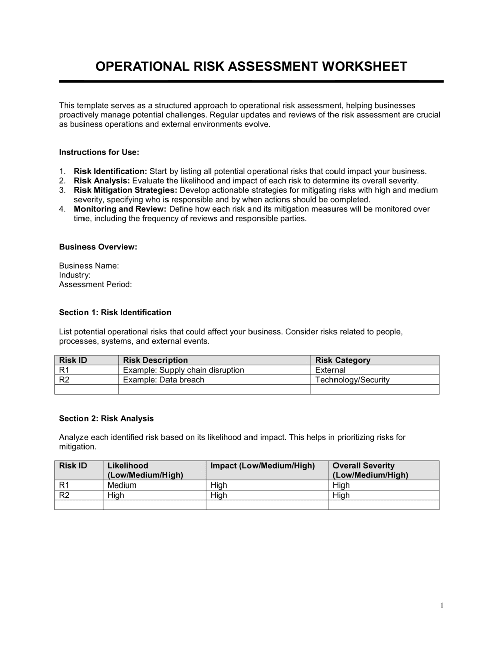 Worksheet Operational Risk Assesment [Free Download] Word & PDF