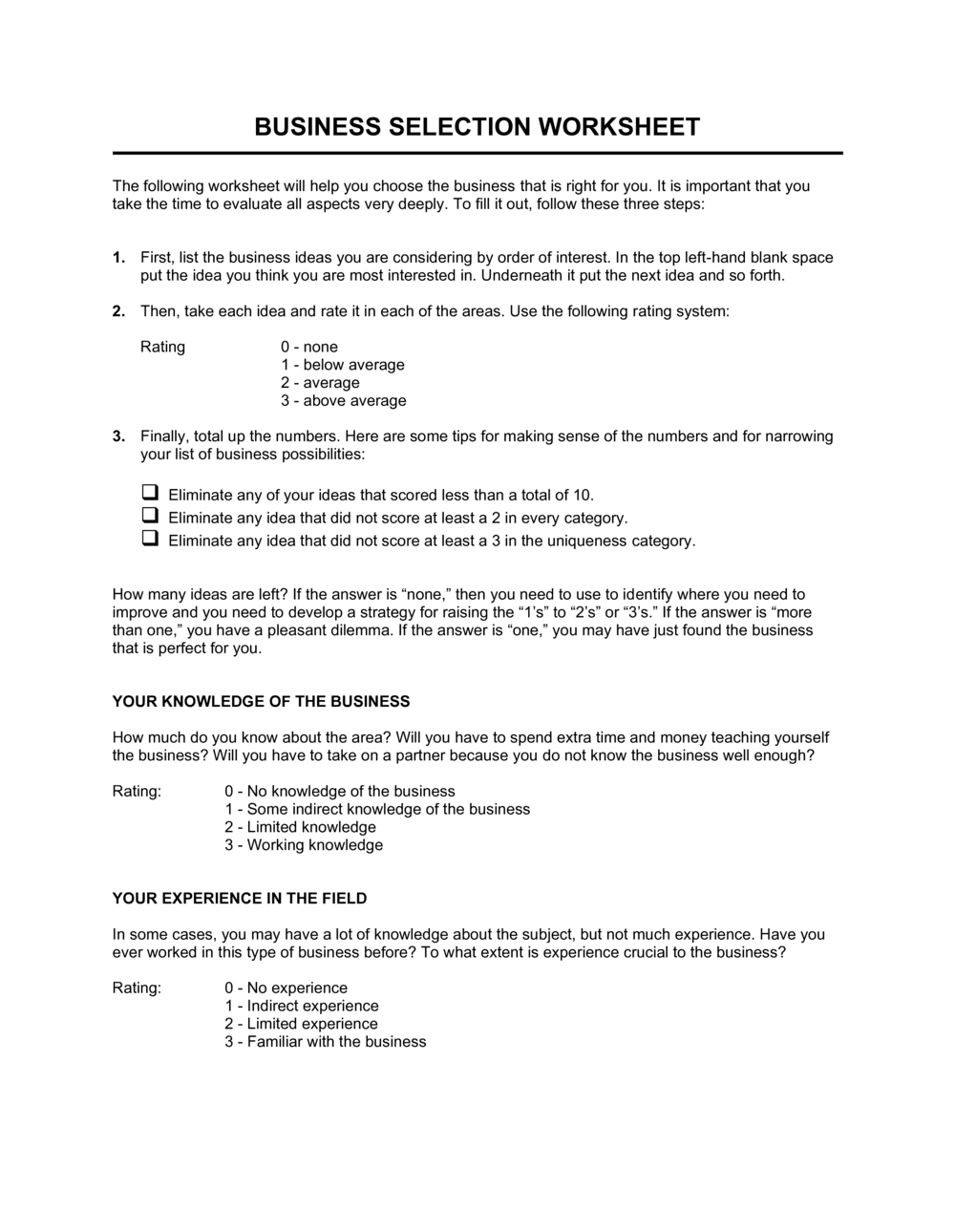 Business-in-a-Box's Worksheet_Business Selection Template