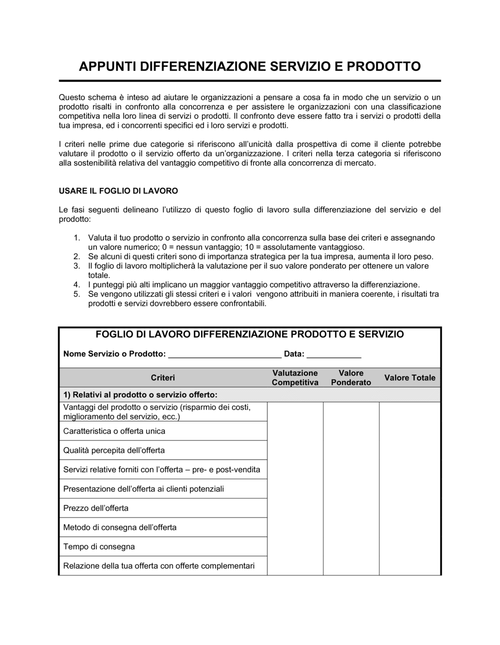 Business-in-a-Box's Worksheet Differenziazione prodotti e servizi