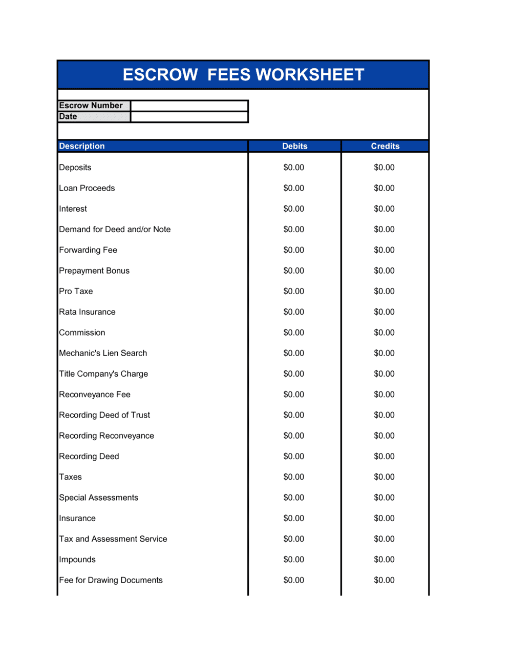 Business-in-a-Box's Worksheet_Escrow Fees Template