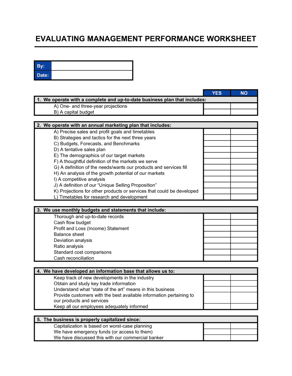 Business-in-a-Box's Worksheet Evaluating Management Performance Template
