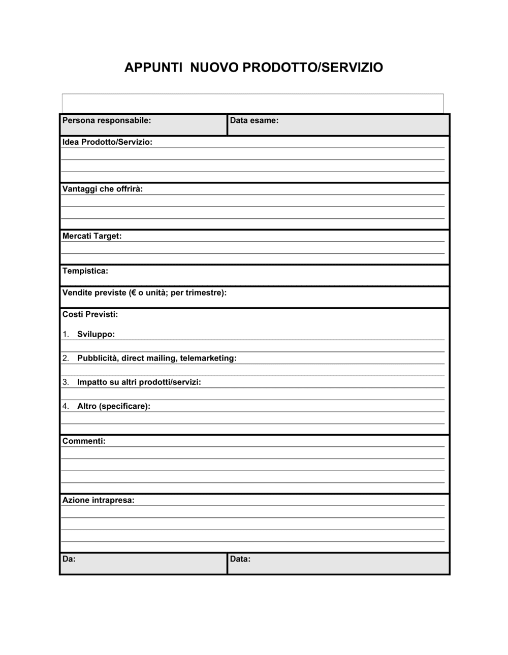 Business-in-a-Box's Worksheet Nuovo  prodotto o servizio