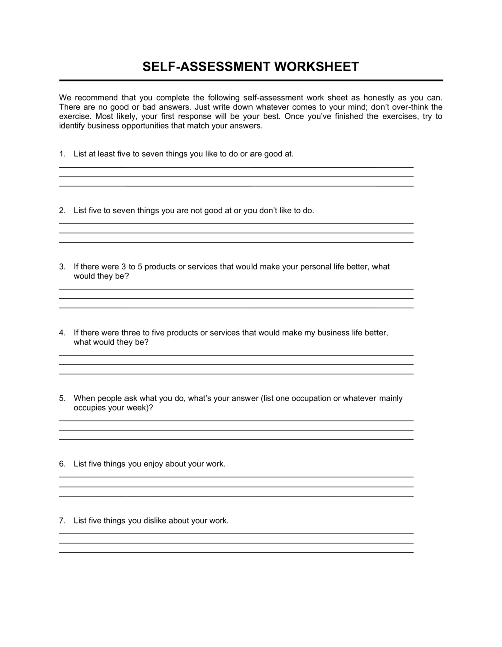 Worksheet Self Assessment Template By Business In A Box