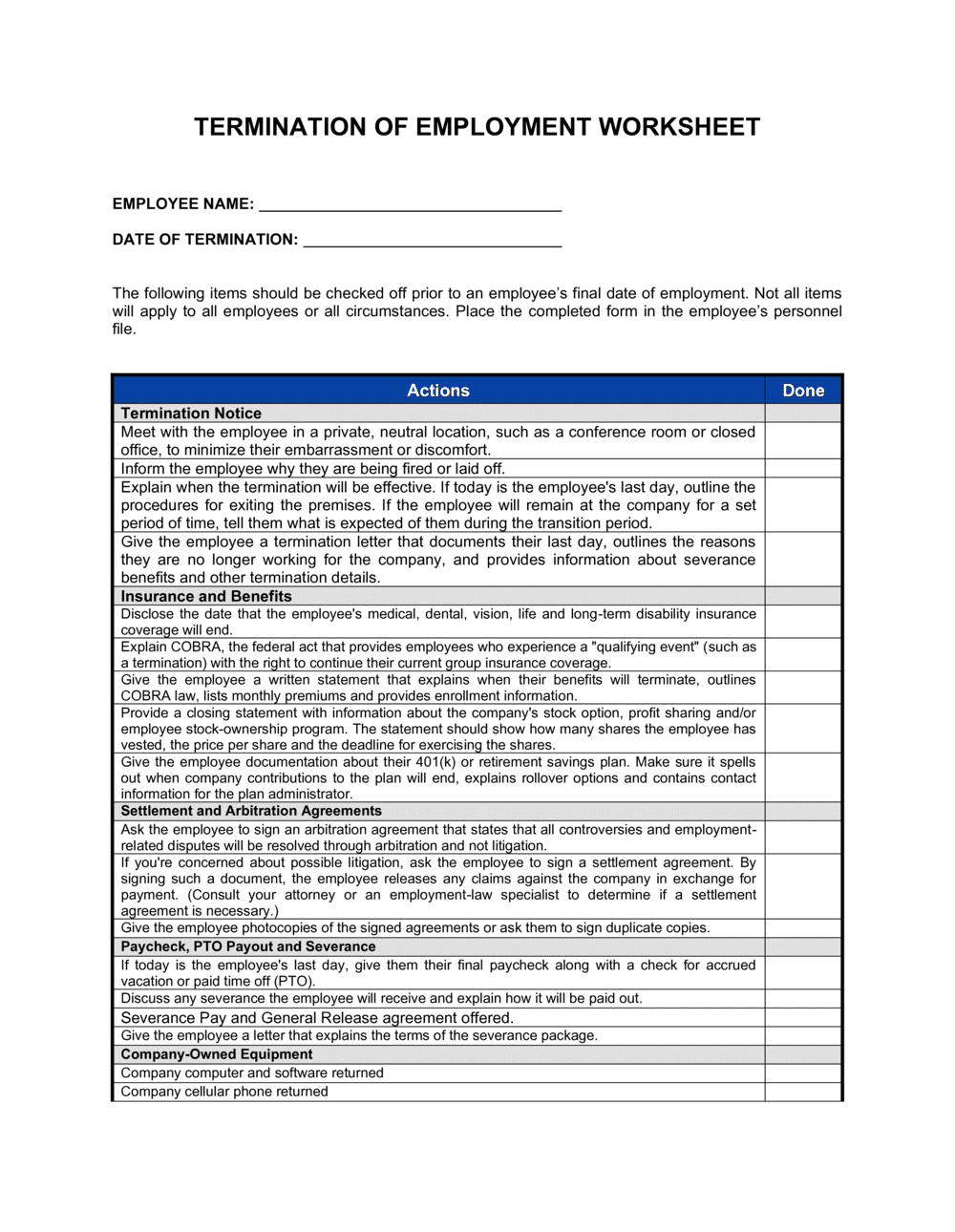 Business-in-a-Box's Worksheet Termination of Employment Template