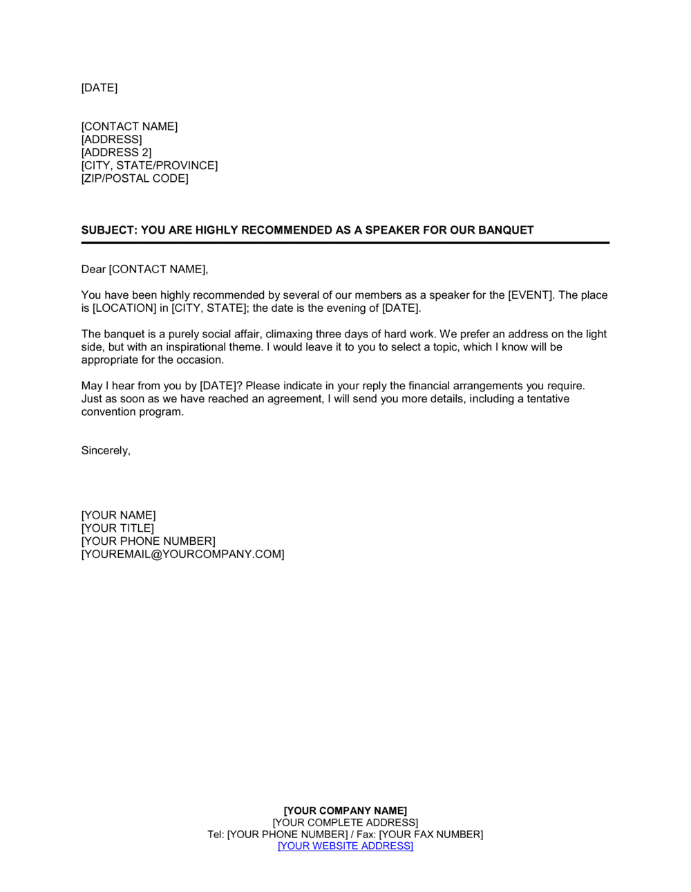 Business-in-a-Box's You Are Highly Recommended as a Speaker for our Banquet Template