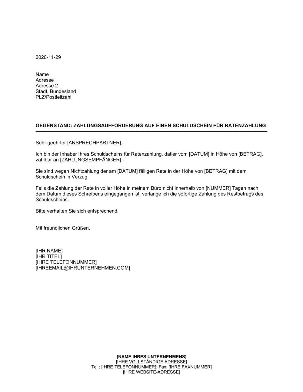 Business-in-a-Box's Zahlungsaufforderung auf einen Schuldschein für Ratenzahlung