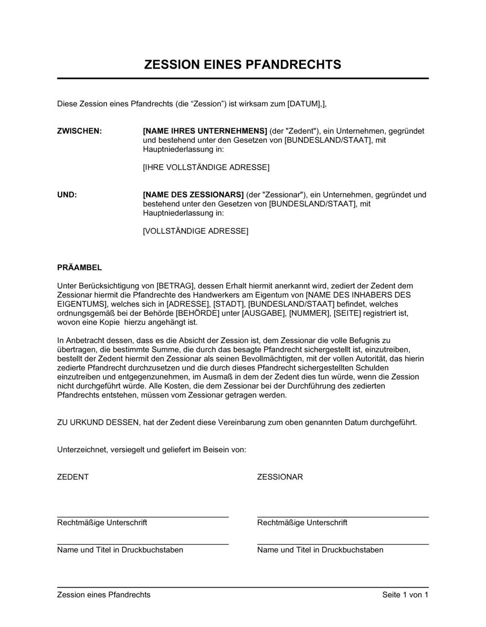 Business-in-a-Box's Zession eines Pfandrechts