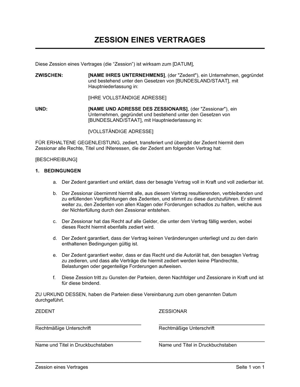 Business-in-a-Box's Zession eines Vertrages