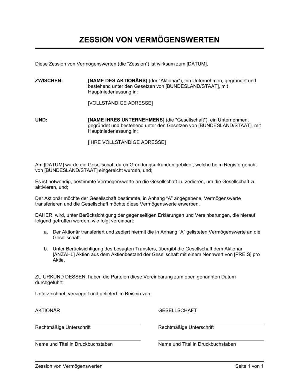 Business-in-a-Box's Zession von Vermögenswerten