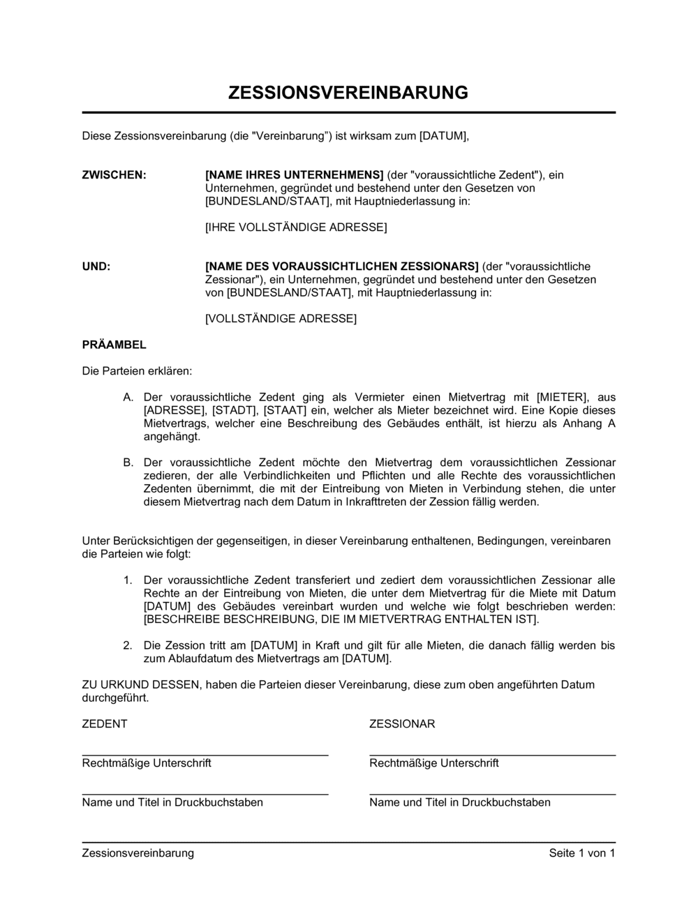 Business-in-a-Box's Zessionsvereinbarung