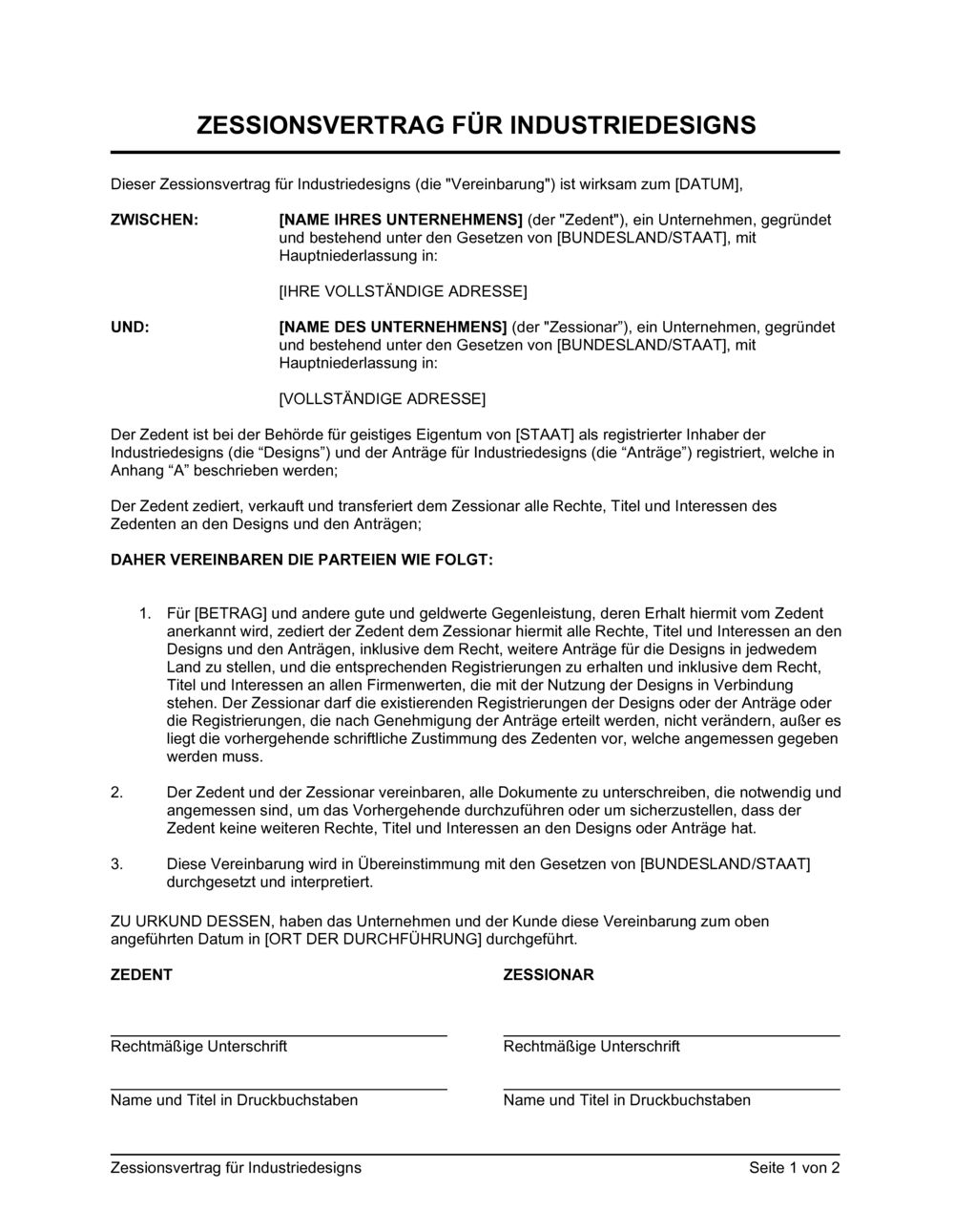 Business-in-a-Box's Zessionsvertrag für Industriedesigns