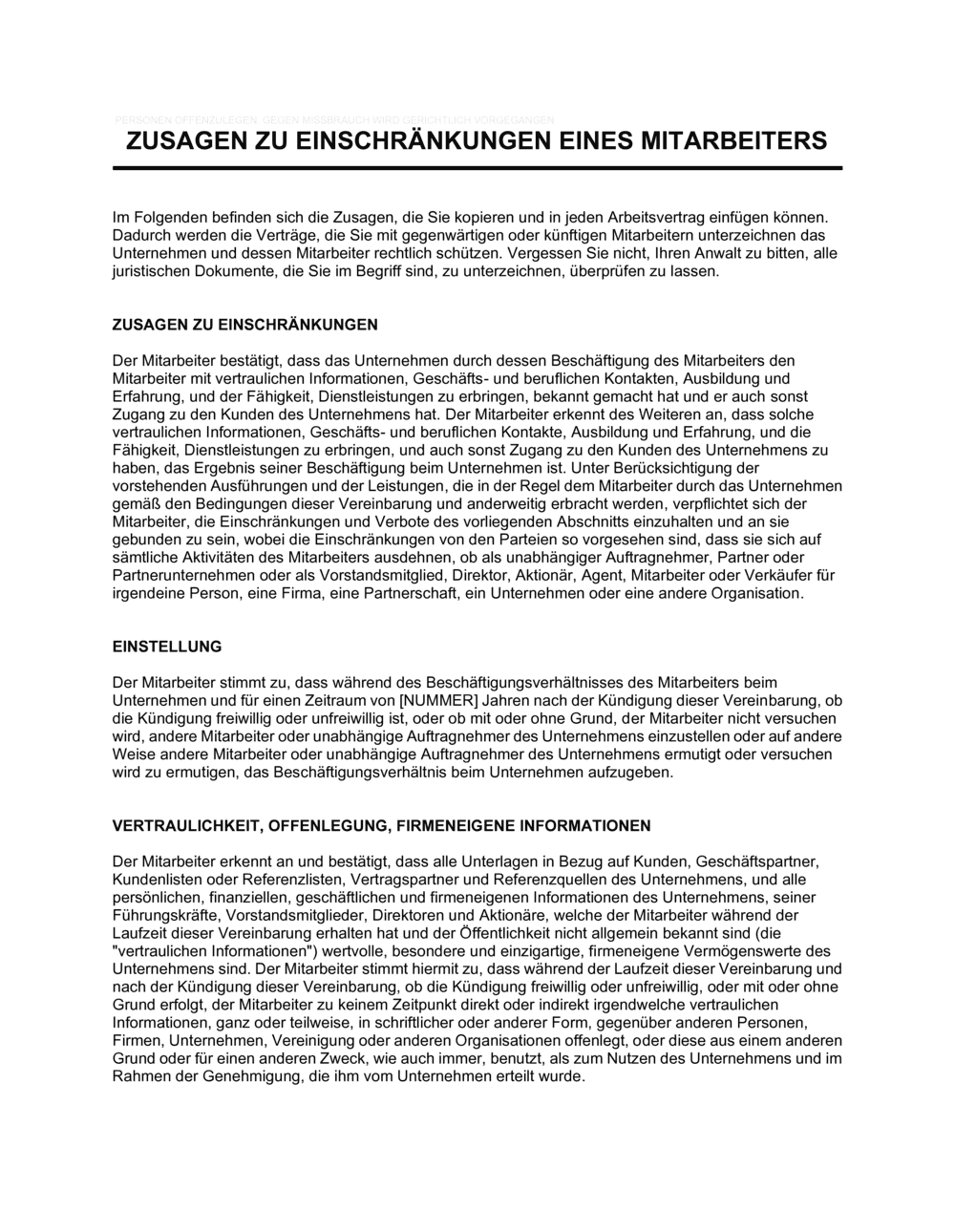 Business-in-a-Box's Zusagen zu Einschränkungen eines Mitarbeiters