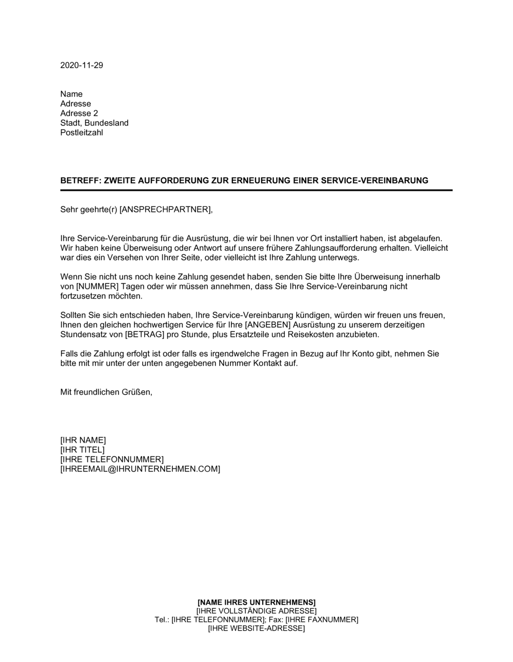 Business-in-a-Box's Zweite Aufforderung zur Erneuerung einer Service-Vereinbarung