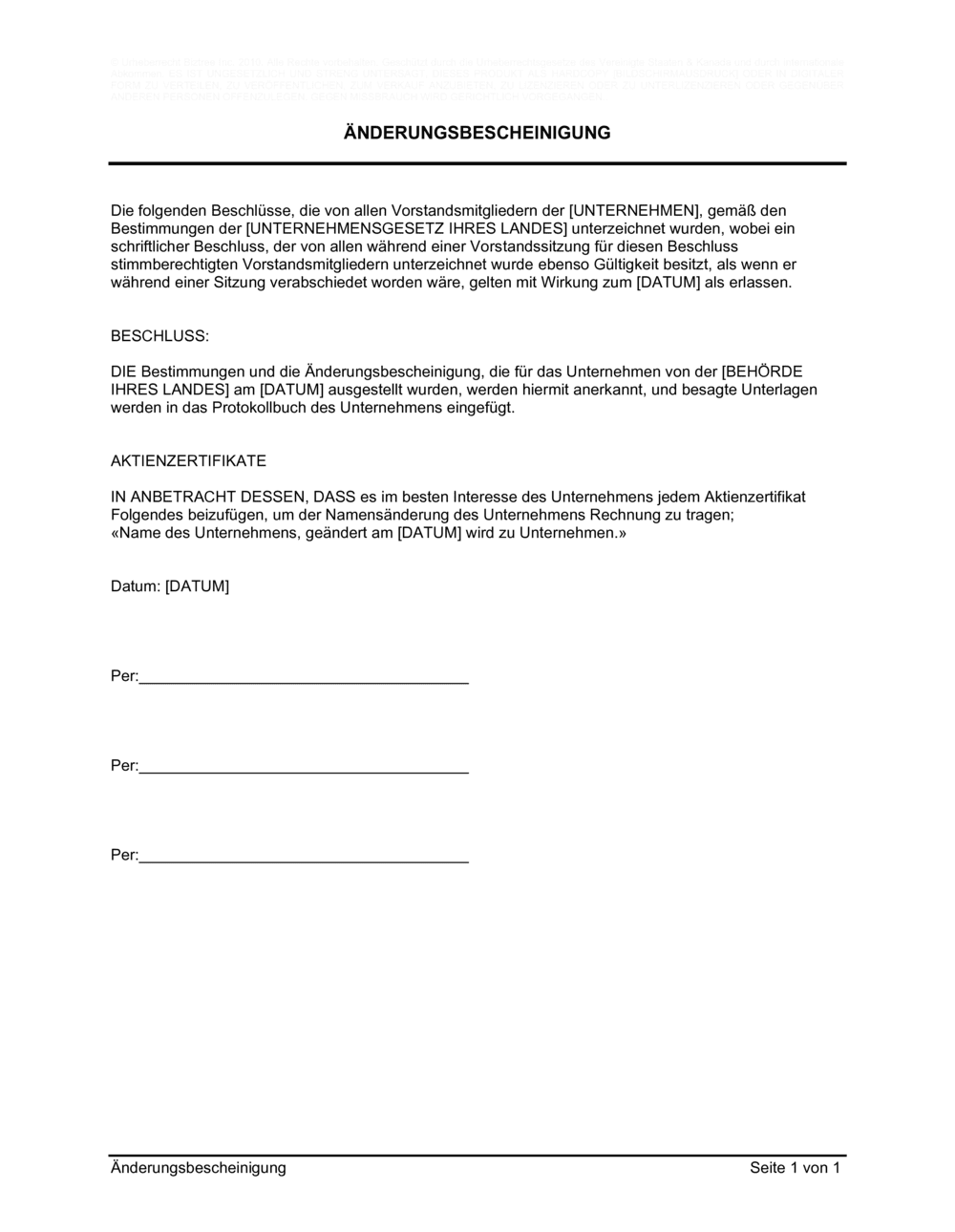 Business-in-a-Box's Änderungsbescheinigung