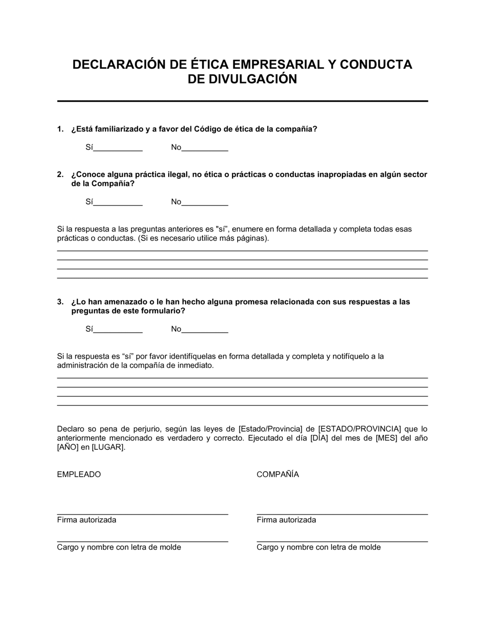 Business-in-a-Box's Ética comercial y declaración de conducta de divulgación