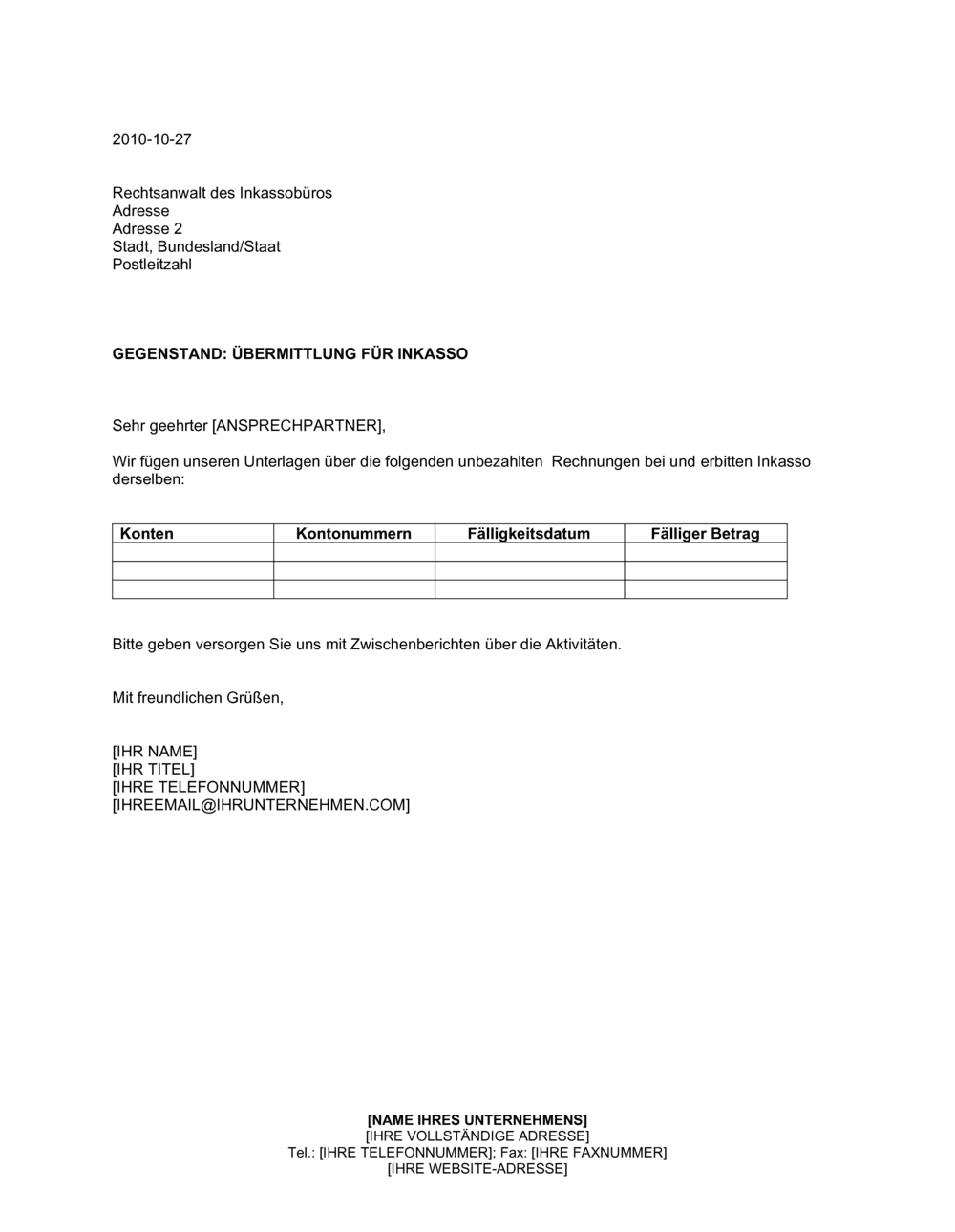 Business-in-a-Box's Übermittlung für Inkasso