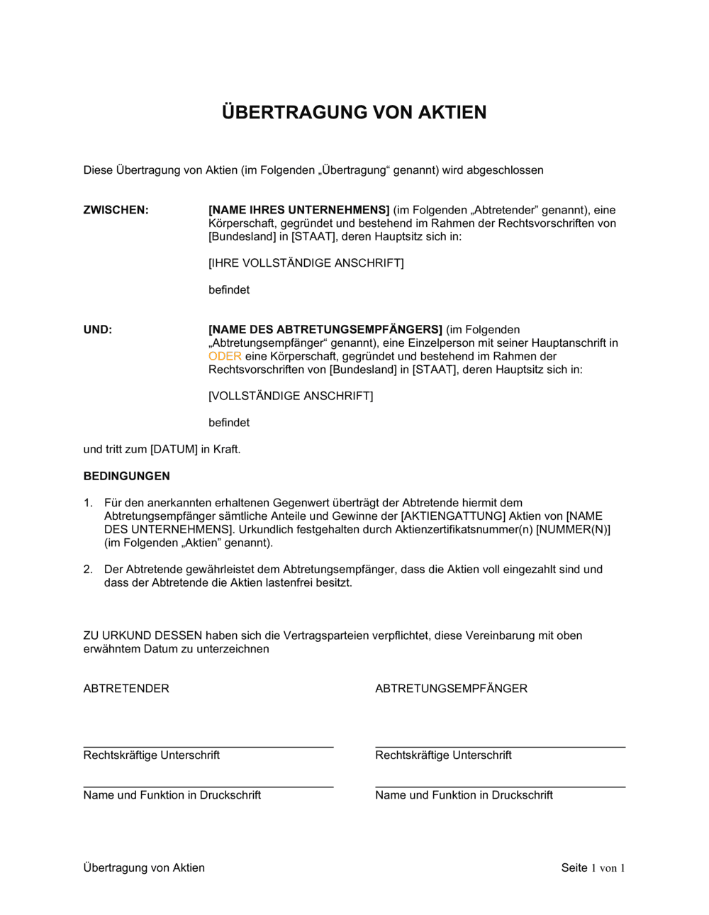 Business-in-a-Box's Übertragung von Aktien