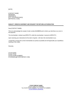 Business-in-a-Box's Notice of Error in Shipment and Request for Return Authorization Template