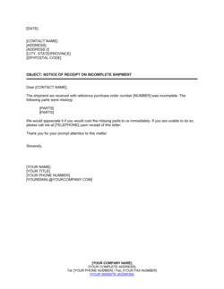 Business-in-a-Box's Notice of Receipt on Incomplete Shipment Template