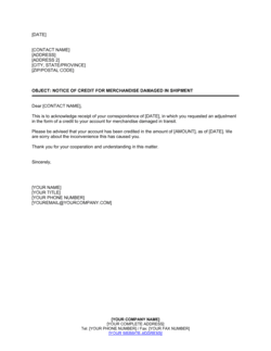 Business-in-a-Box's Notice of Credit for Merchandise Damaged in Shipment Template