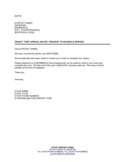Business-in-a-Box's Part Arrival Notice With Request to Schedule Service Template
