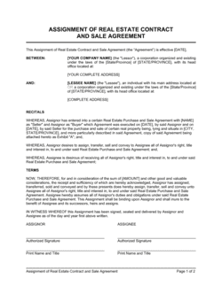 Assignment of Real Estate Contract and Sale Agreement
