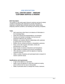 Call Center Agent_Inbound_Customer Service & Orders Job Description