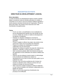 Directeur du développement logiciel Description de poste Directeur du développement logiciel Description de poste