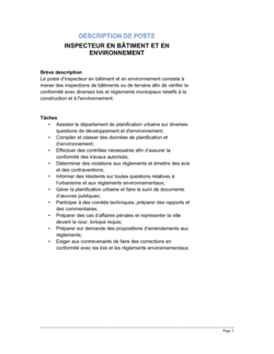 Inspecteur en bâtiment et en environnement Description de poste Inspecteur en bâtiment et en environnement Description de poste