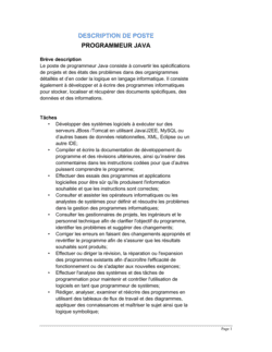 Programmeur Java Description de poste Programmeur Java Description de poste
