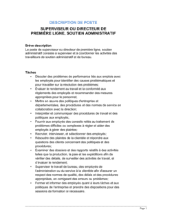 Superviseur-directeur (soutien administratif) Description de poste Superviseur-directeur (soutien administratif) Description de poste