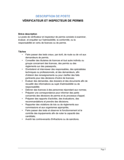 Vérificateur et inspecteur de permis Description de poste Vérificateur et inspecteur de permis Description de poste