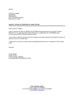 Notice of Exercise of Lease Option