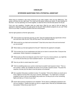 Business-in-a-Box's Interview Questions For A Potential Assistant Checklist Template